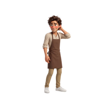 Male barista blushing feeling embarrassed hand behind head 3D character full body isolated clipart for mistake concept