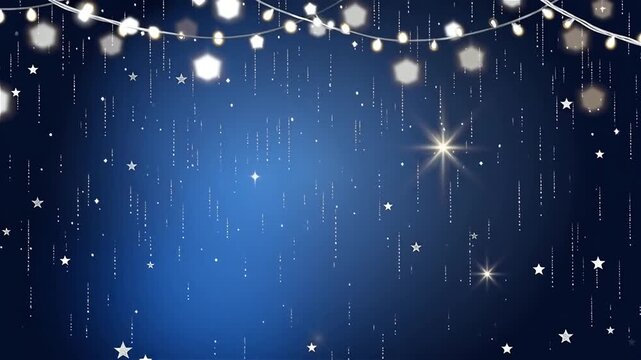Festive blue background with glowing hanging string lights and falling sparkling stars effect.