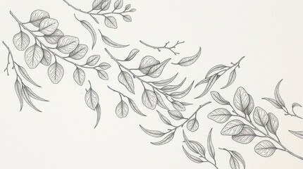 Fototapeta premium A black and white illustration of a branch with leaves and twigs, set against a plain white background.