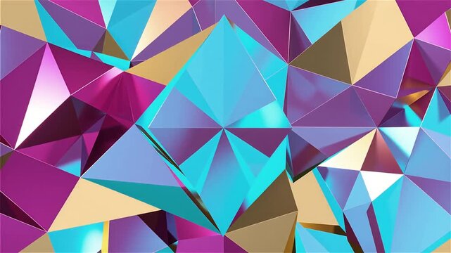 Abstract geometric crystal background motion with vibrant pink blue and gold facets.