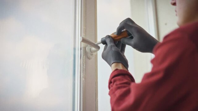 A technician in uniform and gloves unscrews the hardware of a plastic window using an orange screwdriver in a bright home setting. Concept of professional window repair and maintenance service
