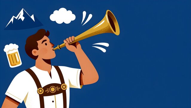Caucasian Bavarian man in lederhosen blowing alphorn with mountains and beer flat vector illustration