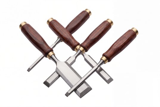 Woodworking chisels set with wooden handles on white background top view