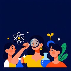 Naklejka premium Three women exploring science with magnifying glass and beakers