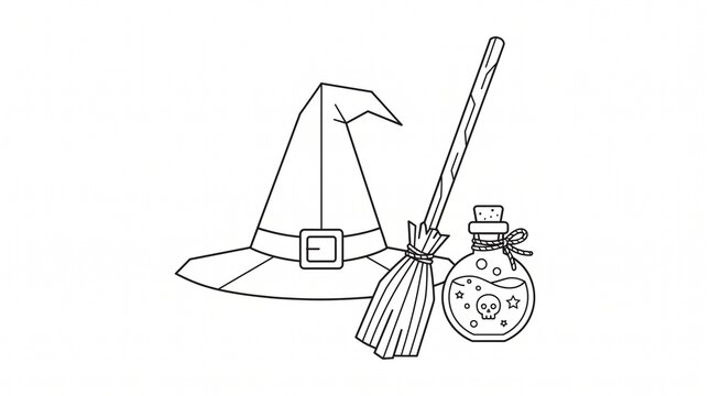 Witch hat accompanied by a wooden broom and a glass potion bottle featuring a skull label are displayed as a simple black and white line art illustration for design.