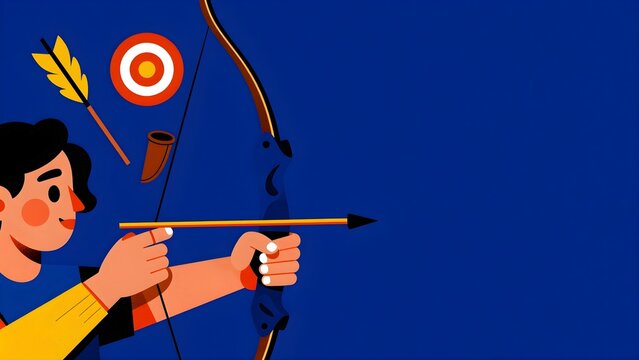 Person aiming a bow and arrow at a target flat illustration