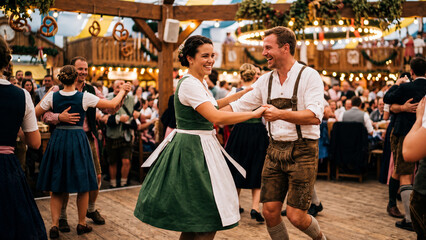Obraz premium Happy couple dancing in traditional Bavarian clothing during Oktoberfest celebration inside festive beer hall