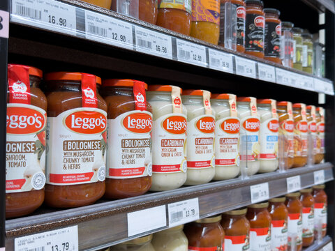 PENANG, MALAYSIA - MAY 25, 2026: Leggo's pasta sauces displayed on supermarket retail shelf.