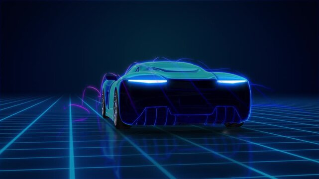 Futuristic Concept Car Driving on Technology Grid and Aerodynamic Lines