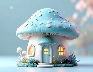 Cute whimsical blue mushroom house fairy tale cottage. © Obek
