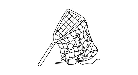 Fishing landing net with bobbers and floats line art © Sabrina