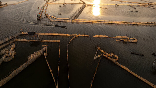 Morning Return of Fishermen at Chuon Lagoon Traditional Fish Trap System, Hue, Vietnam