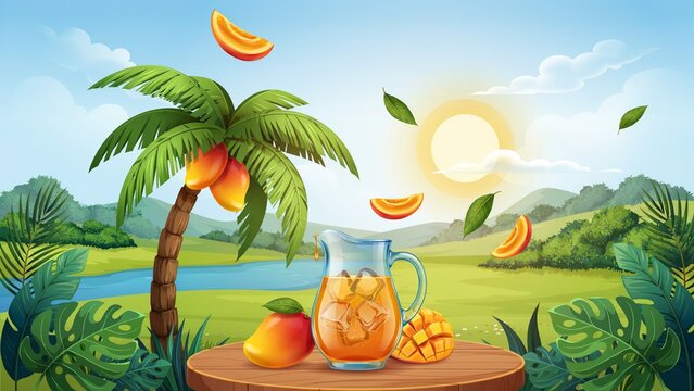 "Tropical mango juice pitcher with sliced fruit palm tree sunny landscape river hills fresh summer drink concept, flat vector illustration"
