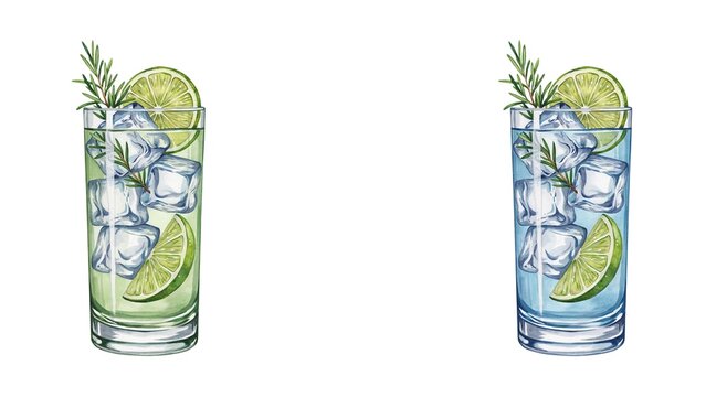 "Refreshing colorful drinks with lime slices rosemary sprigs ice cubes summer beverage concept on white background, flat vector illustration"