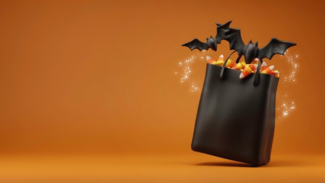 "Festive Halloween candy corn bag with black bat spooky glowing particles orange background holiday sweet treat concept, flat vector illustration"