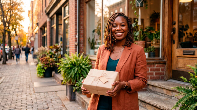Smiling woman holding a gift box on a city street with autumn foliage