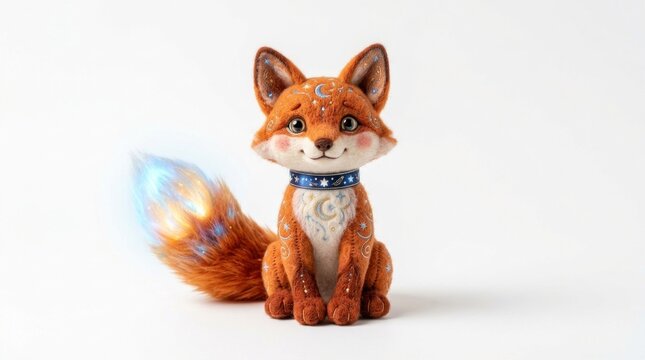 A small, orange fox with a white collar and blue collar, sitting on a white surface with a blue and white background, with a blue and white tail and a blue and white collar.