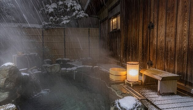 冬の夜に雪が舞う伝統的な日本の露天風呂。行灯の温かい光と湯気が立ち上る風情ある温泉　生成AI