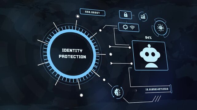 Futuristic HUD interface displaying Identity Protection concept with digital AI bot icon, security padlock, and global data map background.