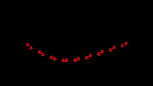 Small red hearts tilt and fall one after another along a curved path on a black background, creating a playful domino cascade animation ideal for Valentine promos, intros, overlays, and greetings.