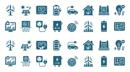 Fototapeta premium Energy management and smart grid technology icon collection for renewable power infrastructure.