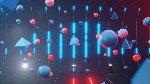 Abstract background featuring floating geometric shapes in dynamic neon lighting environment.