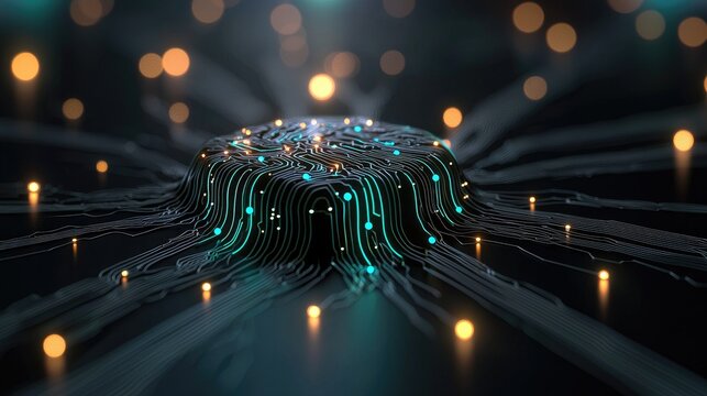 Illuminated digital pathways converge upon a central processing node in darkness