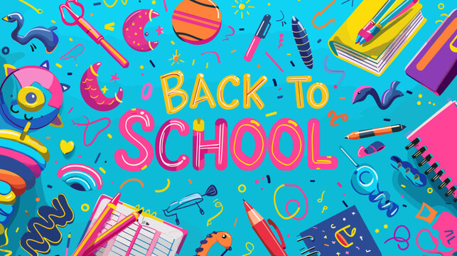 Colorful Back to School Vector Illustration with Bold Text and School Supplies