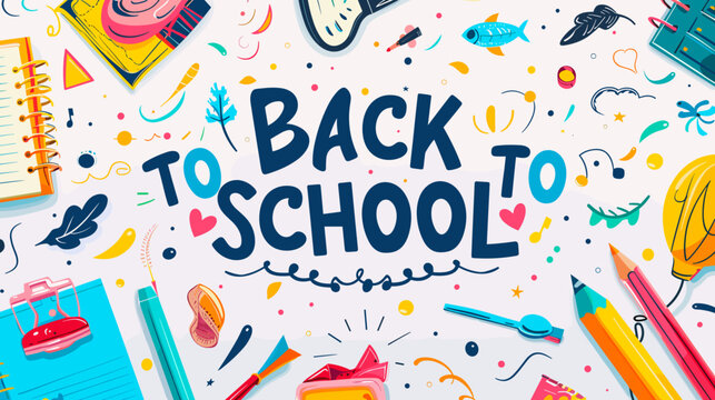 Colorful Back to School Vector Illustration with Bold Text and School Supplies on Bright Background