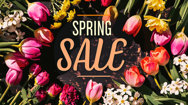 Bold Spring Sale Banner with Vibrant Tulips and Daisies Illustration