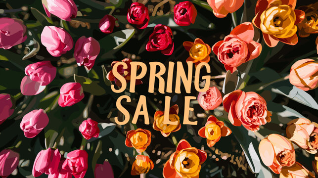 Bold Spring Sale Banner with Vibrant Tulips and Text Overlay Illustration