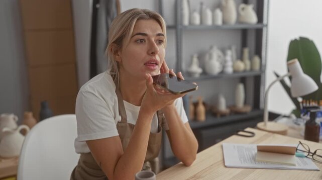 Young woman artisan speaks into smartphone at mouth while seated at a wooden worktable, wearing apron among ceramic pots on shelves in a studio; concentration.