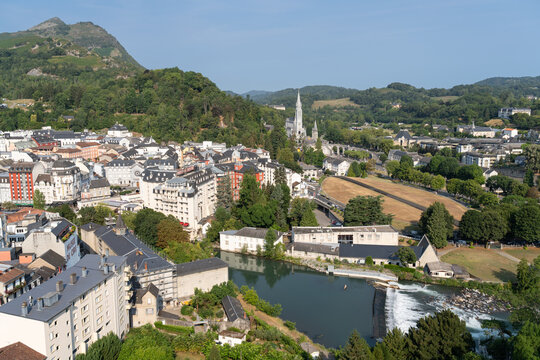 The view at the city of Lourdes, from the Ch&acirc;teau Fort de Lourdes. Lourdes, France.