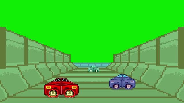 Pixel art style animation of a futuristic car race on a track with a green background, retro game, vintage, pixel, racing.