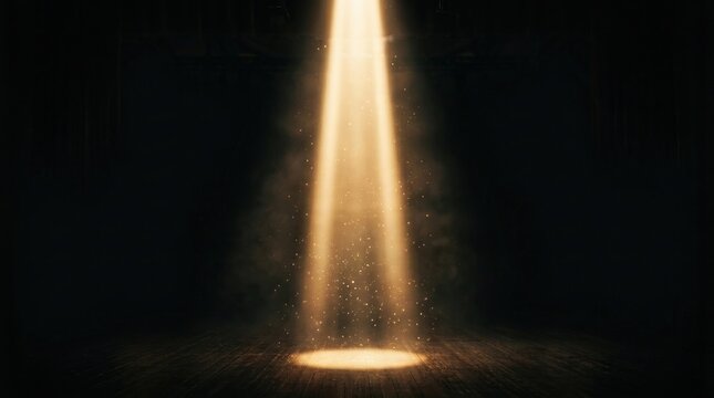 A spotlight beam illuminates a stage with a spotlight on a wooden floor, casting a golden glow and creating a dramatic effect.