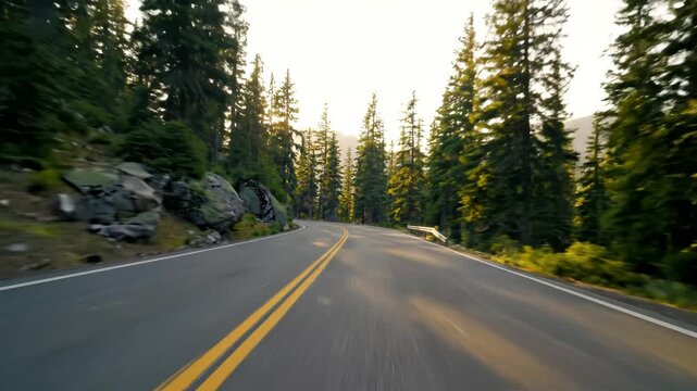 Driving on a winding mountain road through dense pine forest at golden hour, Sierra Nevada, California
