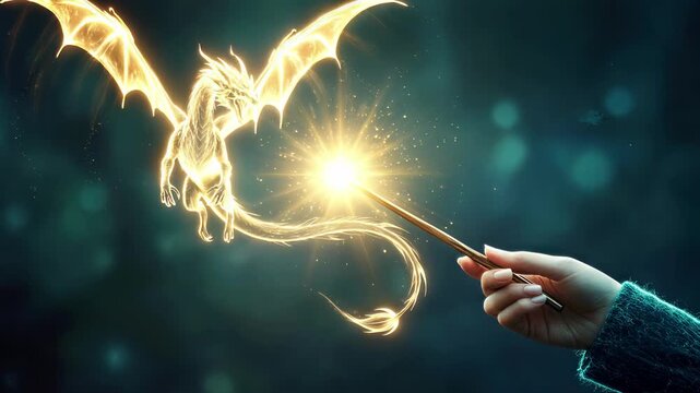 Glowing dragon summon with magic wand in enchanted forest. Person holding wooden wand creating mythical creature from golden light. Lockdown shot.