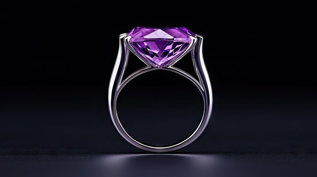Platinum setting showcases a faceted, large, deep purple gemstone centerpiece