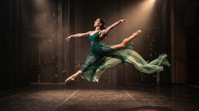 Graceful female contemporary ballet dancer performing high leap in elegant green dress under stage spotlight.