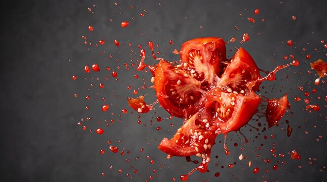 Exploding fresh red tomato with juice splash on dark background