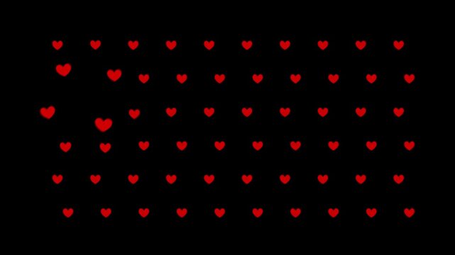 Rows of hearts on a black background distort and enlarge as a lens-like effect passes across the pattern, creating a romantic animation for Valentine promos, overlays, intros, and greetings.