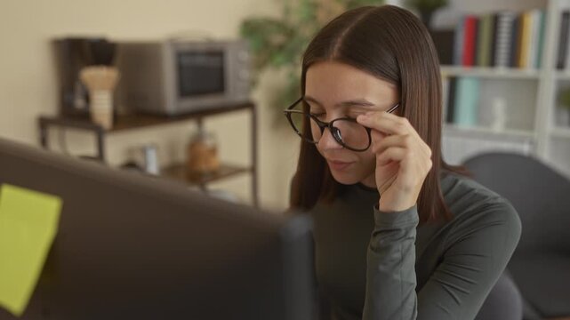 Young woman adjusts eyeglasses and smiles toward a computer monitor while seated in a home studio with shelving, microwave and potted plant; concentration remote work.