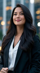 Obraz premium attractive young filipino business student in corporate attire, professional filipino woman portrait with city skyscrapers background, confident asian female student pursuing business career 
