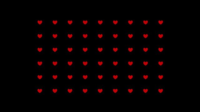 Rows of small red hearts slide in alternating left and right directions across a black background, creating a playful romantic motion pattern ideal for Valentine promos, greetings, overlays, and intro