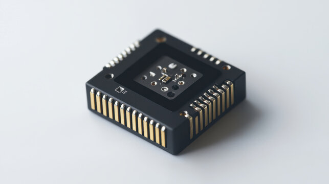 Close up of a black integrated circuit chip with gold plated pins on a white background surface.
