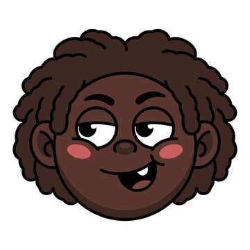 Cute cheeky cartoon dark skin boy face avatar sticker with playful smirk expression and dreadlocks hair isolated on white background