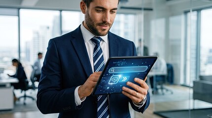 Fototapeta premium Businessman using tablet with AI search interface in modern office