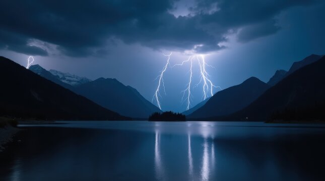 Tormenta el&eacute;ctrica sobre un lago de monta&ntilde;a por la noche; reflejos de los rayos en el agua en calma