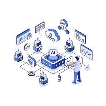 An isometric vector illustration showing a programmer managing an AI ecosystem with robots, cloud computing, APIs, and data analytics for smart automation and software development.