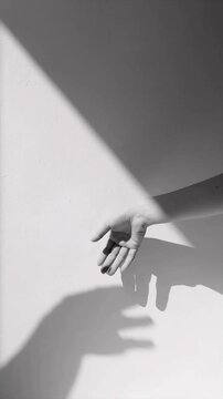 Woman's hand creating playful shadow puppets of animals on a sunlit white wall playful interaction with light and shadow artistic expression.